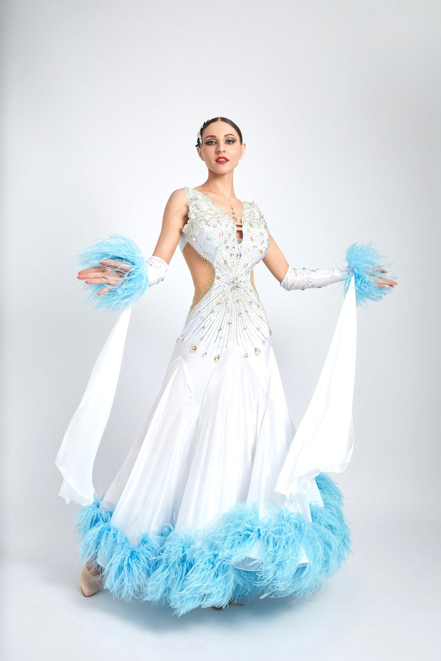 Ostrich Feathers crystallized Ballroom Dress Standard/Smooth # M4207 - Unika Dancewear