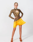 Long-sleeves Crystalline Leopard Print Fringe Latin Dress Latin/Rhythm 